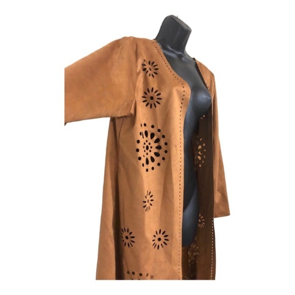Brown boho laser cut faux suede overcoat topper jacket‎ size large new - Picture 15 of 17